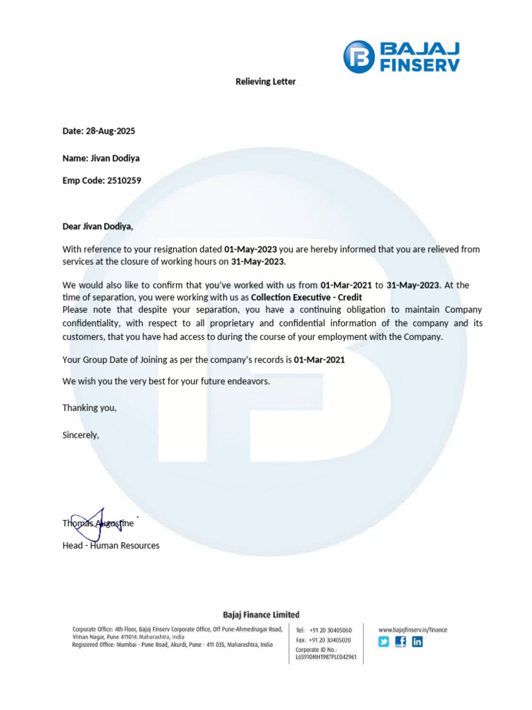 Relieving Letter Format J | PDF