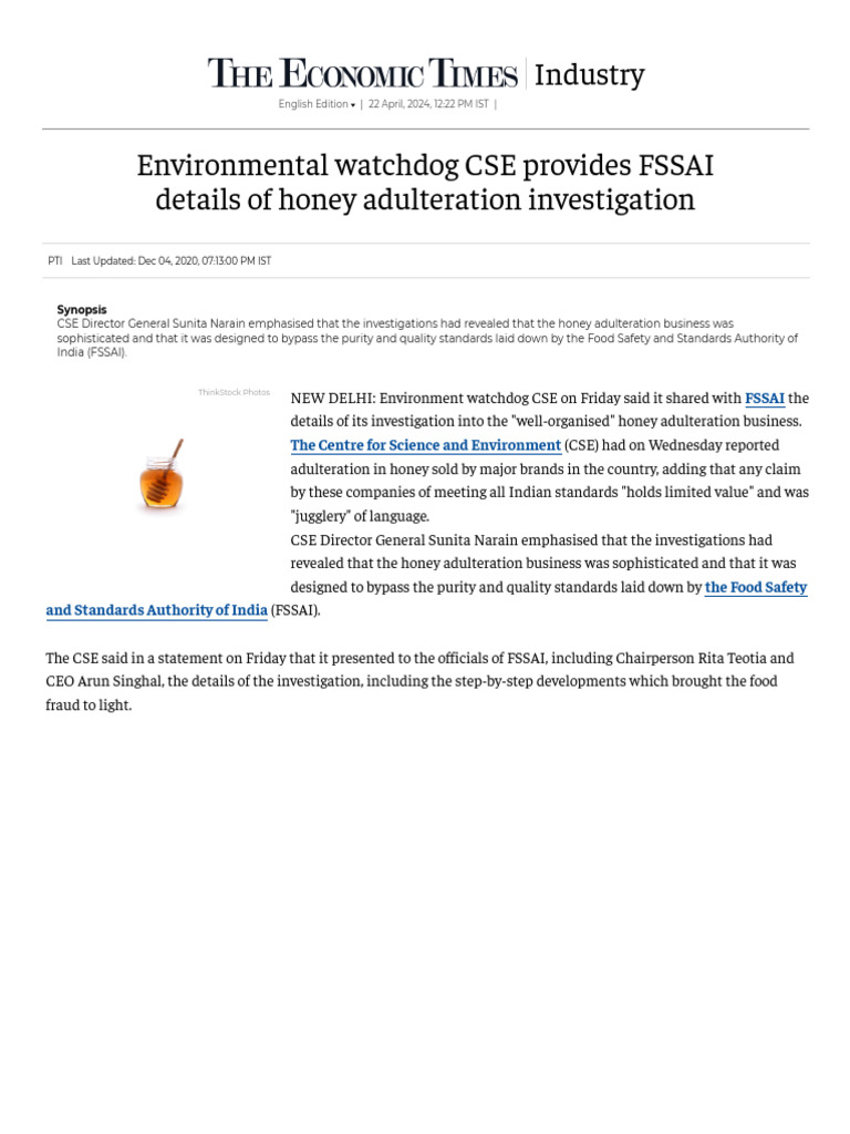 Environmental Watchdog CSE Provides FSSAI Details of Honey Adulteration
