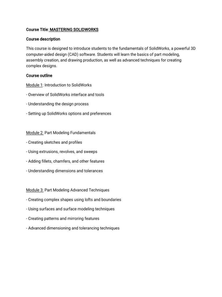 solidworks course outline | PDF | Computer Aided Design