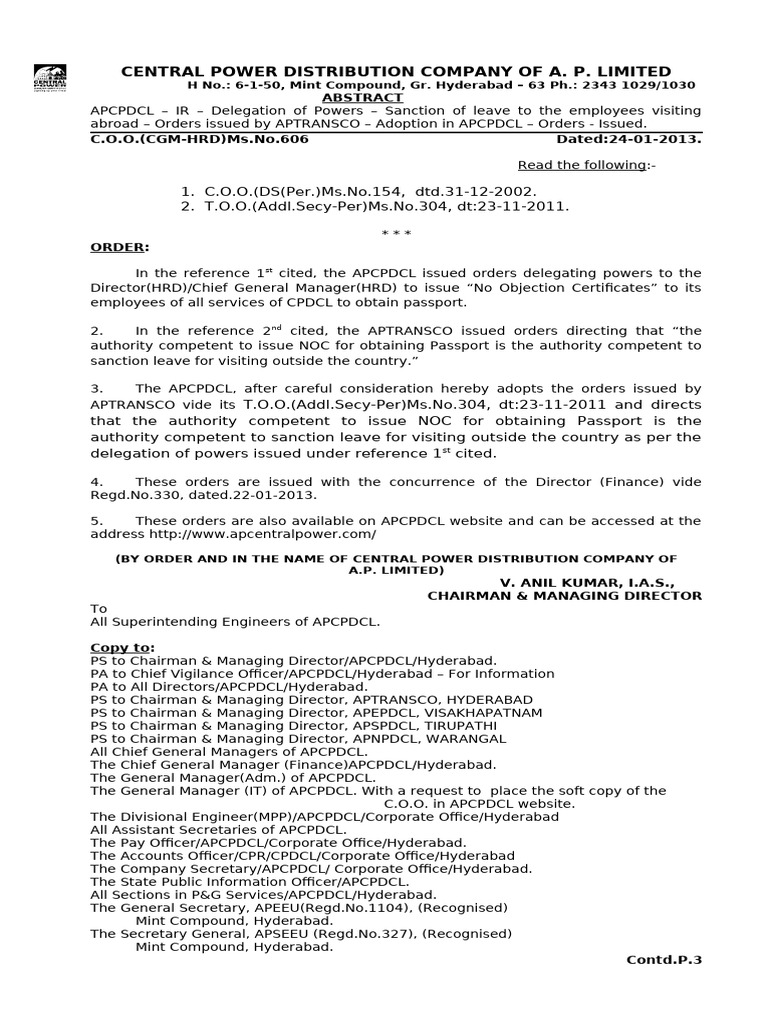 APCPDCL Leave and Passport NOC Orders | PDF