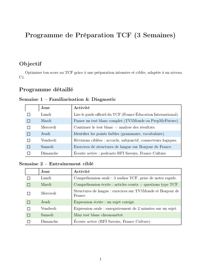 Préparation Intensive au TCF C1 | PDF