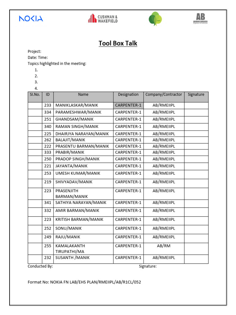 Tool Box Talk Attendance Record | PDF