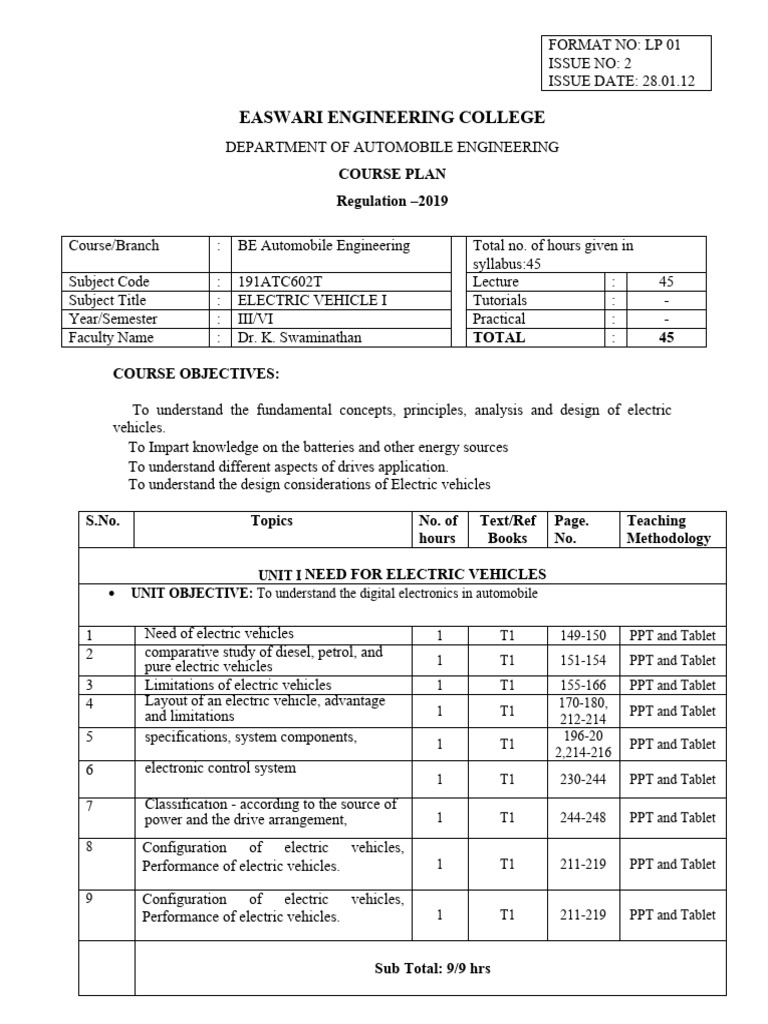 Electric Vehicle I Course Syllabus | PDF | Engineering | Electric Vehicle