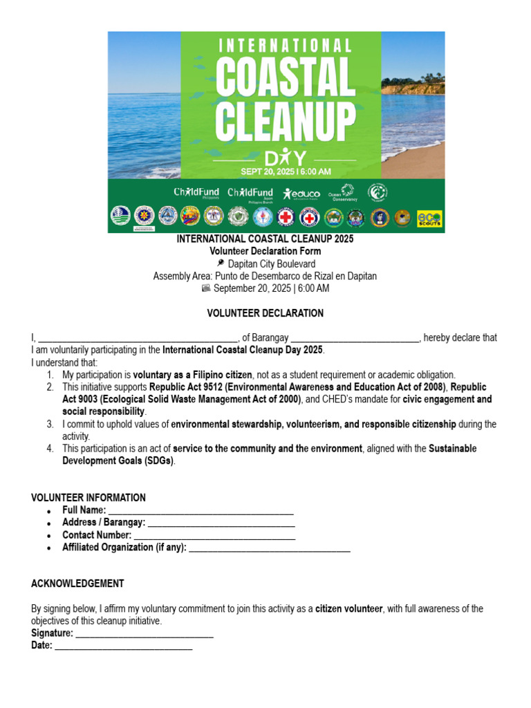 Coastal Cleanup Volunteer Form 2025 | PDF