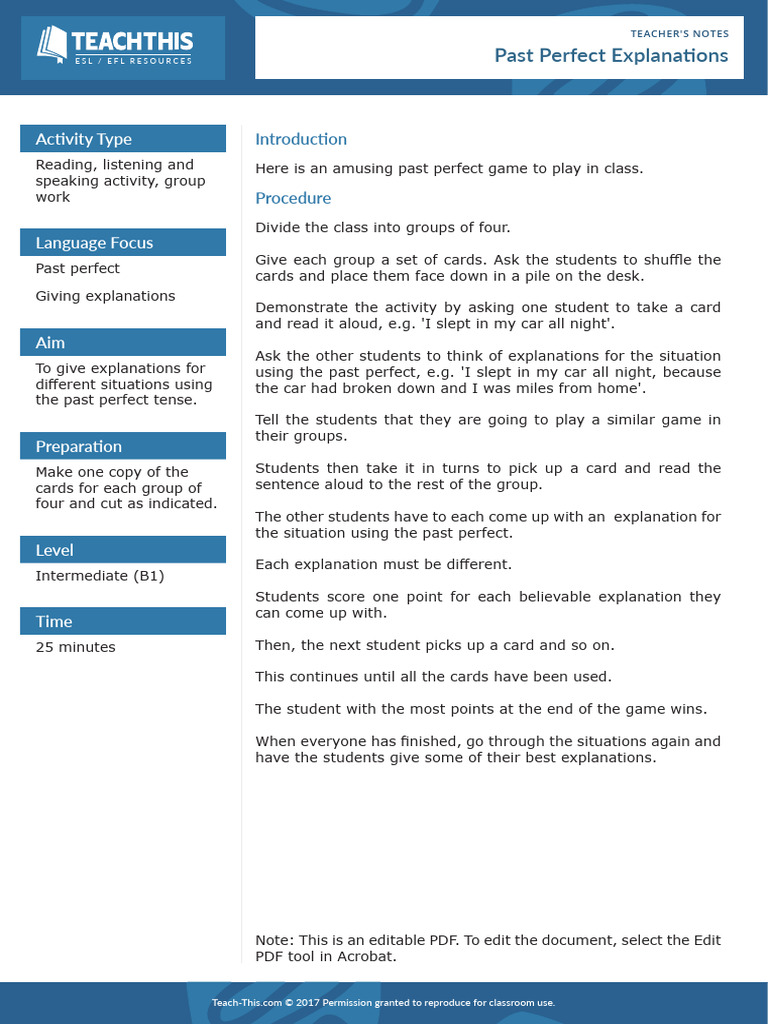 Past Perfect Tense Classroom Game | PDF | Linguistics