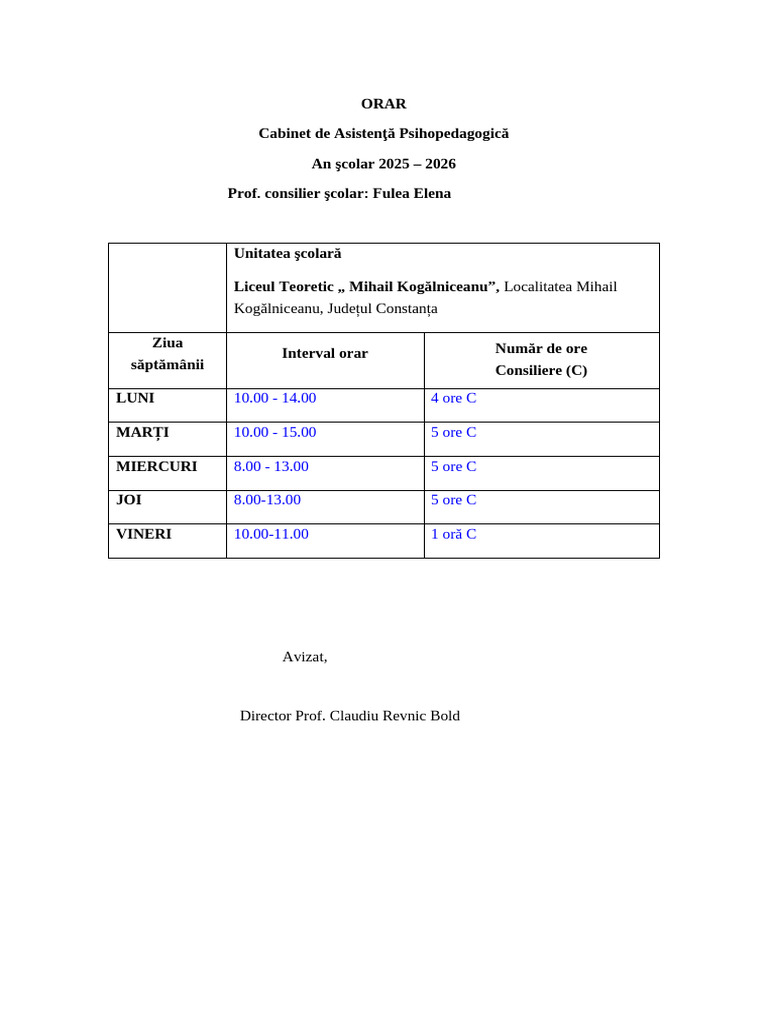 .Archivetemp03A Orar Cabinet Consilier 2024-2025 | PDF