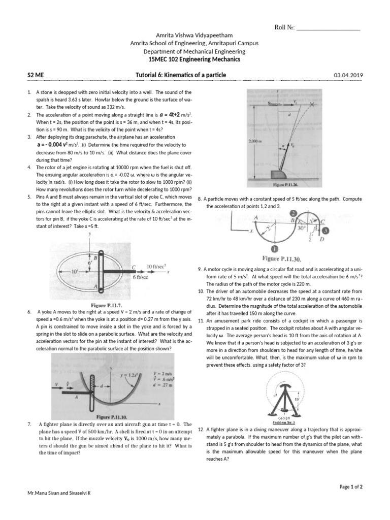 Tut - 6 - On - Kinematics of Particle | PDF | Acceleration | Velocity