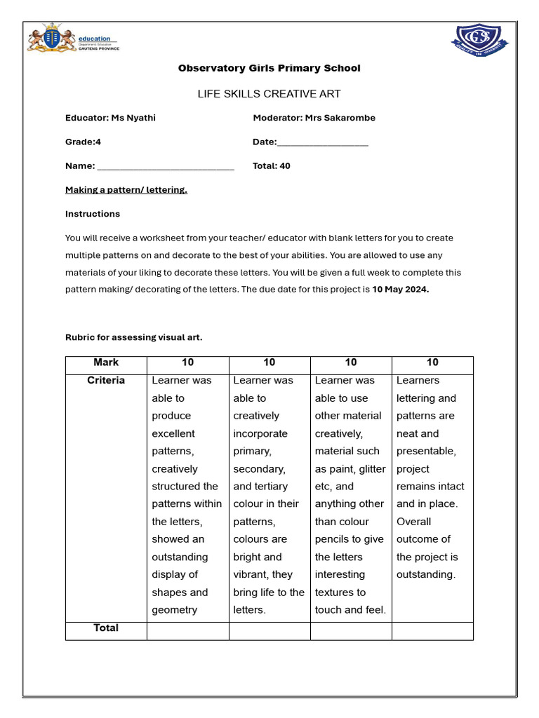 Grade 4 Art Project Rubric | PDF