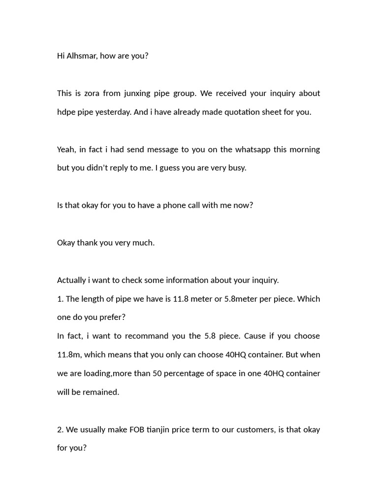 HDPE Pipe Inquiry Response and Quotation | PDF