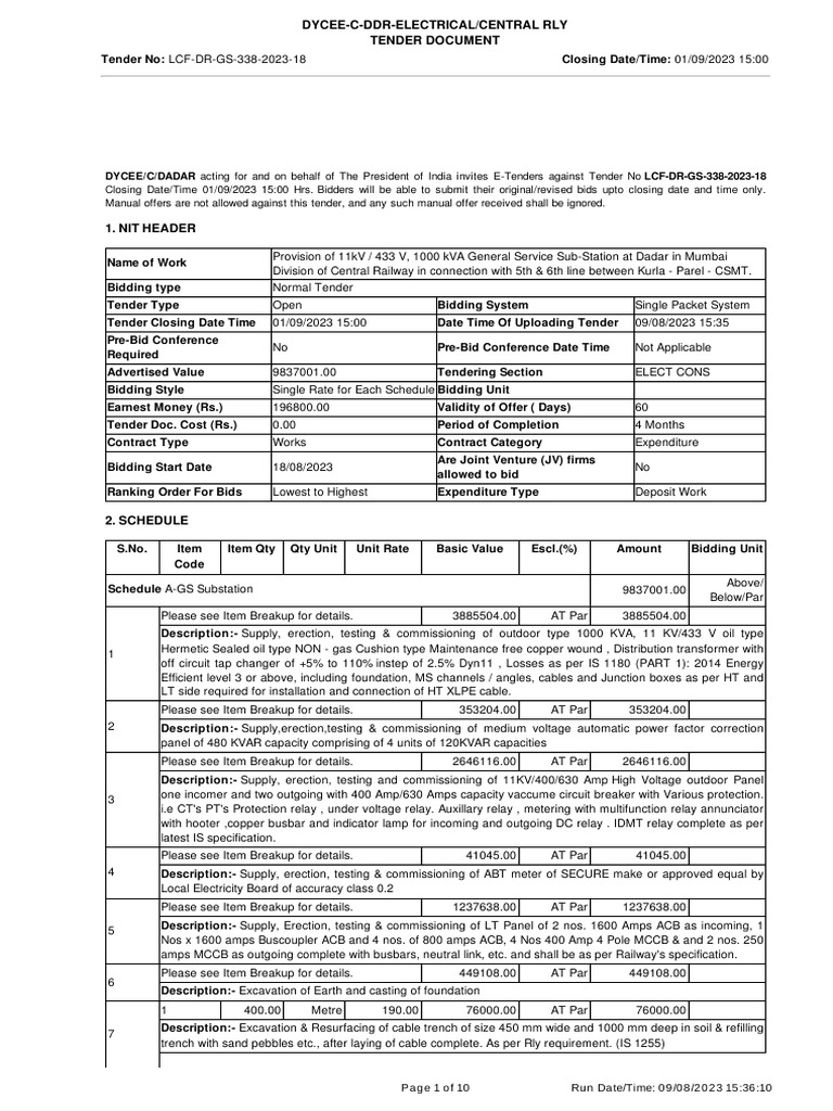 E-Tender for 11kV Sub-Station in Dadar | PDF | Materials | Electricity
