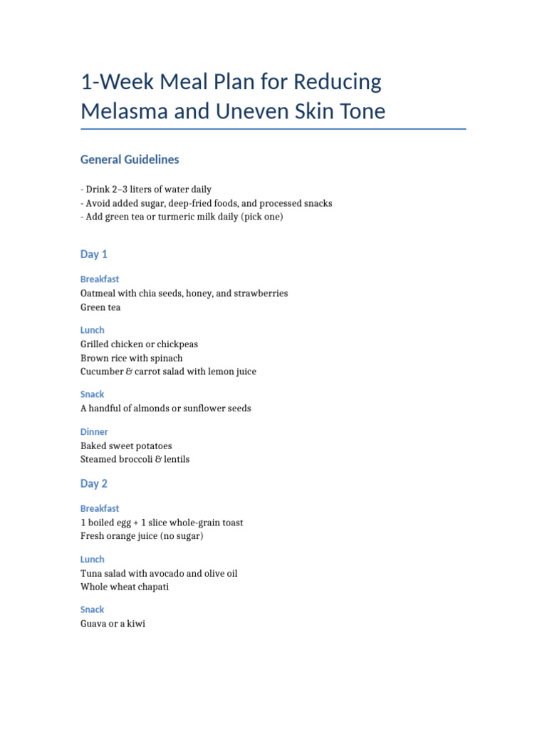 Meal Plan For Skin Tone and Melasma | PDF