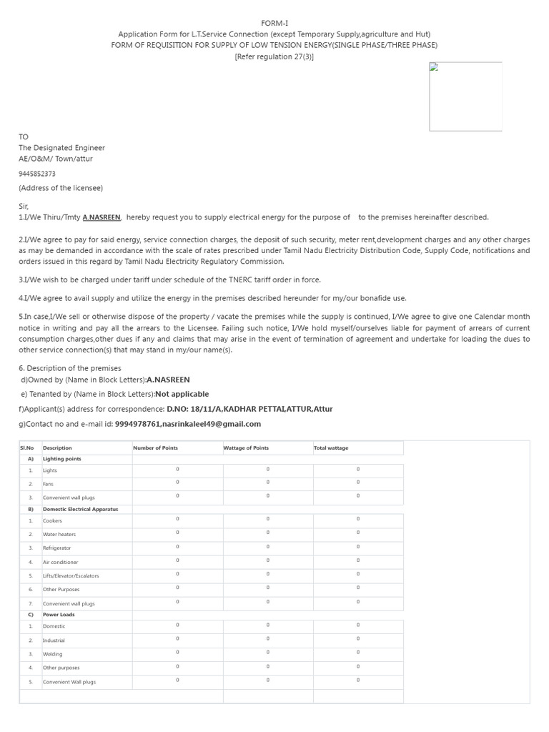 TNPDCL L.T. Service Connection Form | PDF | Landlord | License