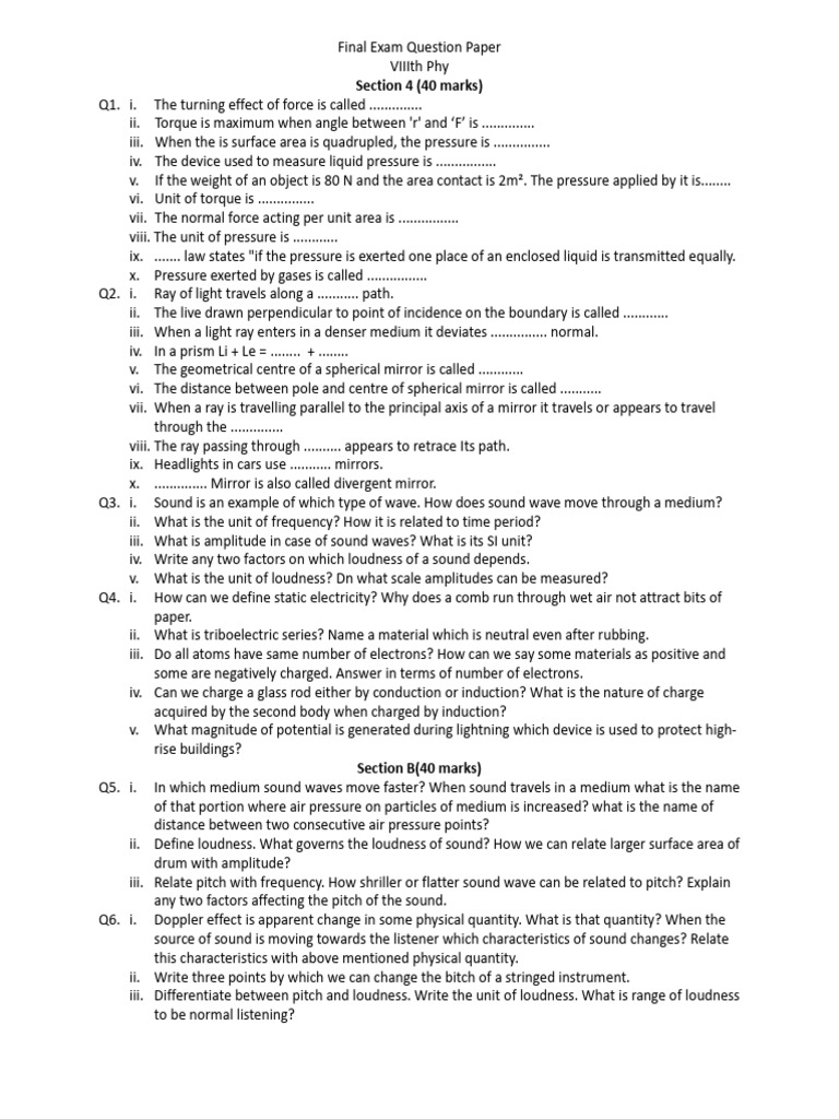 8th Phy Final Exam Question Paper | PDF | Electric Charge | Sound