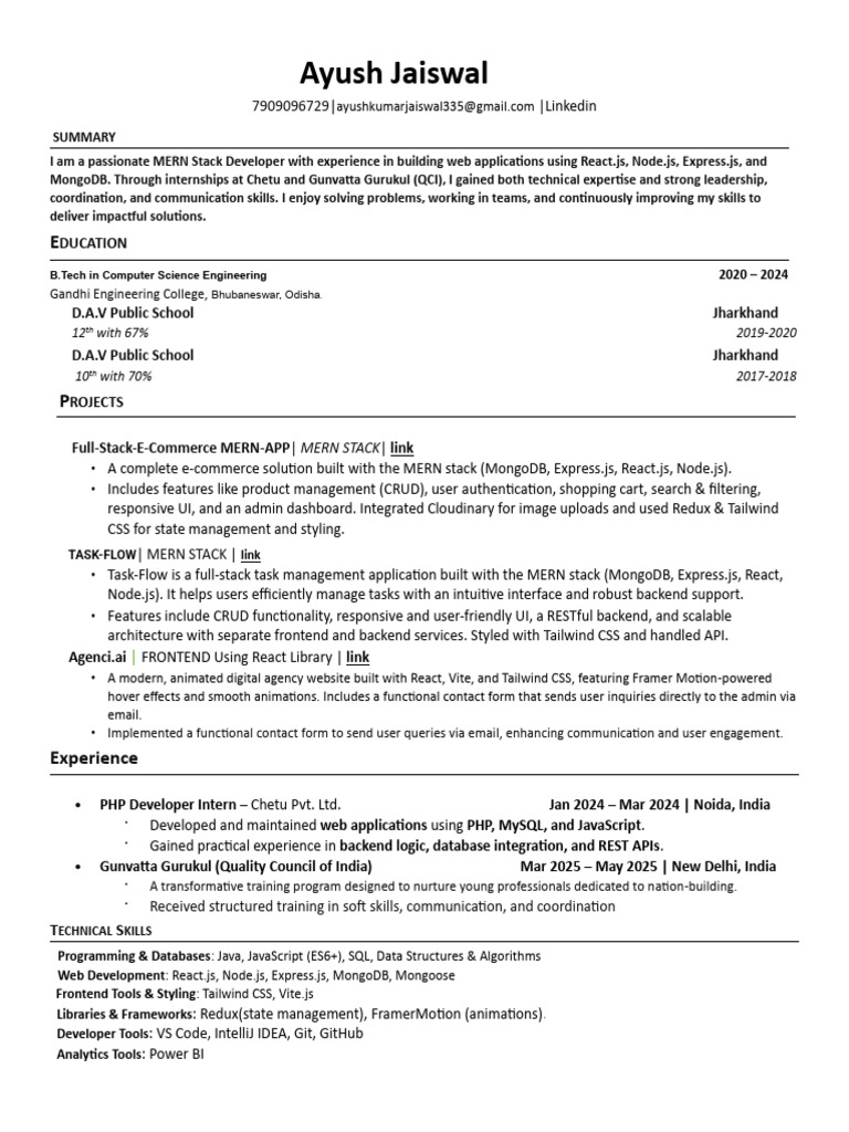 MERN Stack Developer Resume Summary | PDF | Web Development | Computing
