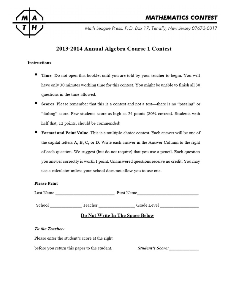 2013-2014 Algebra Course 1 Contest | PDF | Mathematics