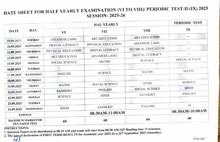 Half Yearly Exam Schedule 2025 | PDF