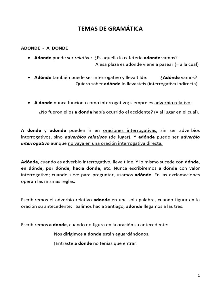 Uso y tilde de adonde y a donde | PDF | Adverbio | Lingüística