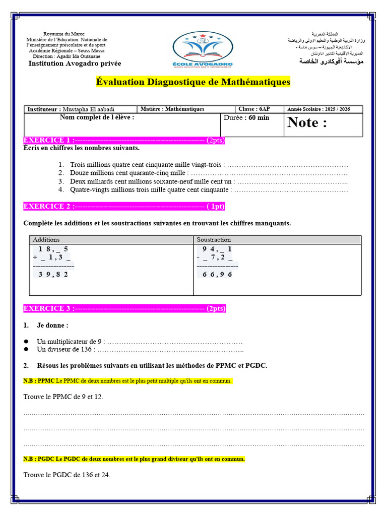 Évaluation Diagnostique Mathématiques 6AP | PDF | Géométrie euclidienne ...