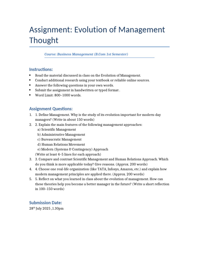 Evolution of Management Assignment | PDF