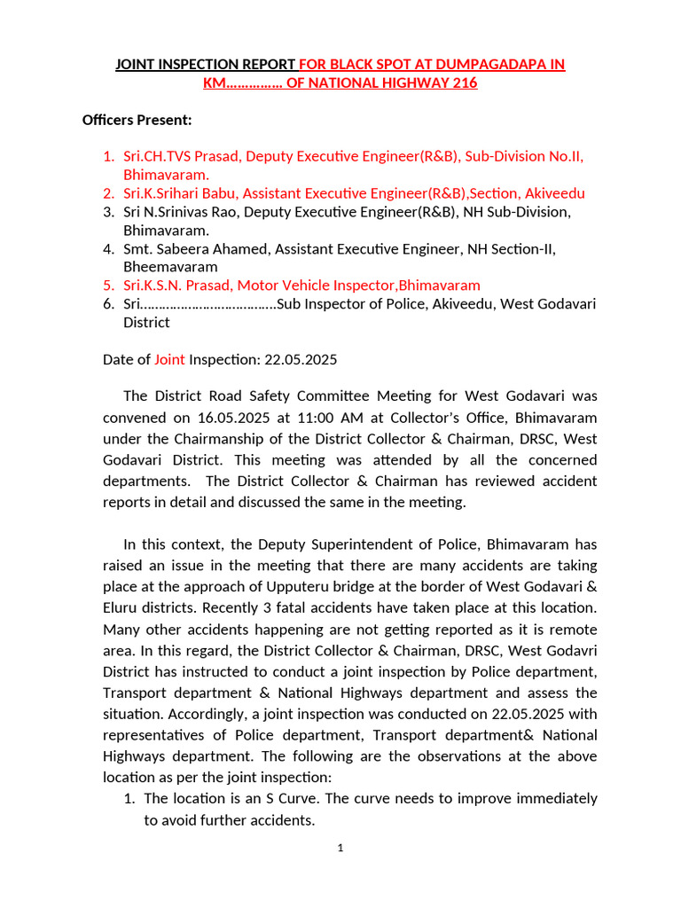 JOINT INSPECTION REPORT - Dumpagadapa Corrected | PDF | Transport ...