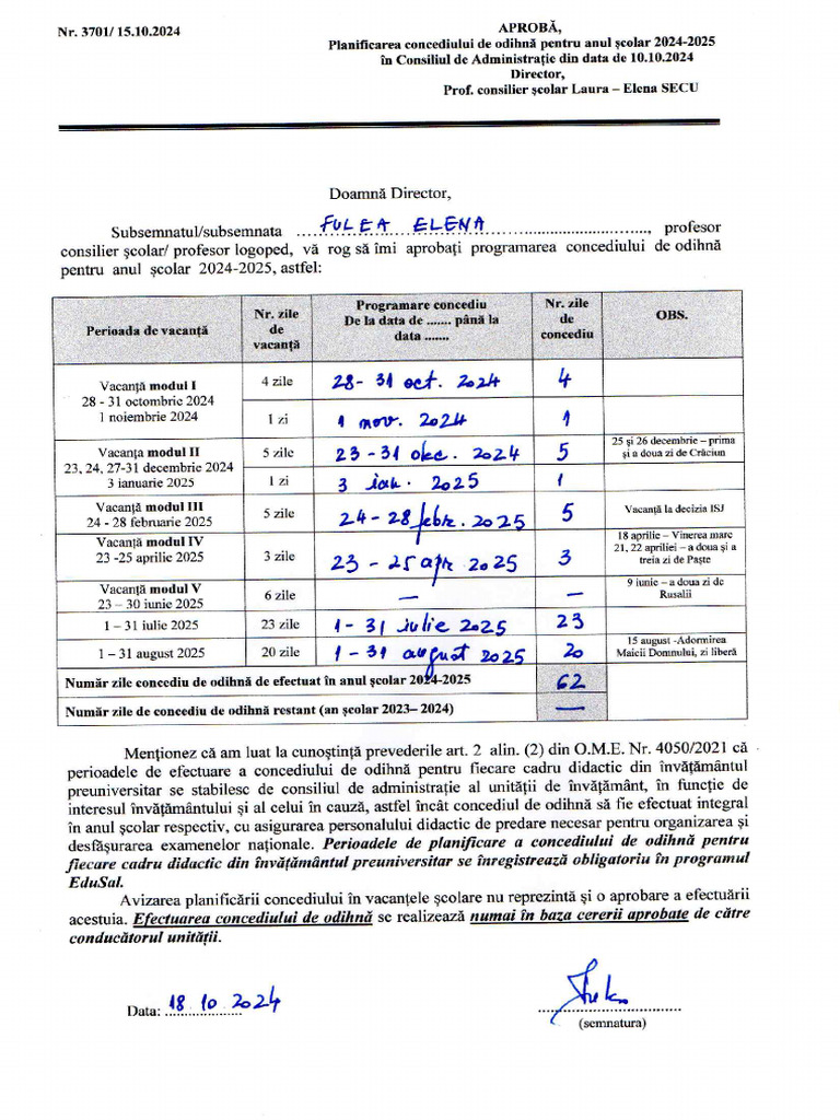 Cerere Programare Concediu 2024 - 2025 Fulea Elena | PDF