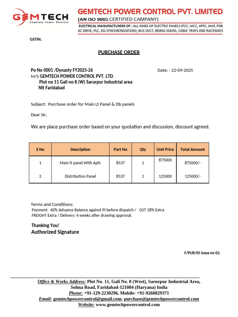 Purchase Order for LT Panels | PDF