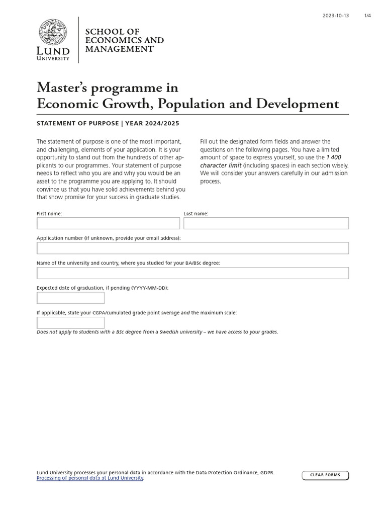 Statement of Purpose 2024 25 Eco Gro Pop Dev | PDF