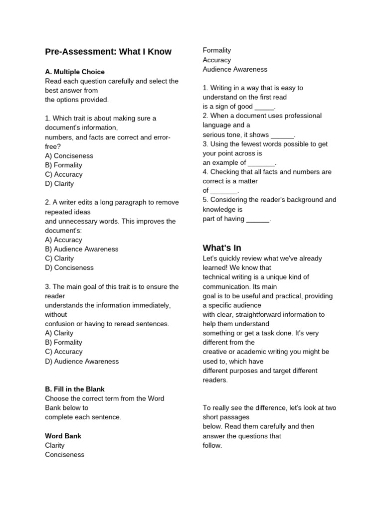 Pre-Assessment on Technical Writing Skills | PDF | Accuracy And ...
