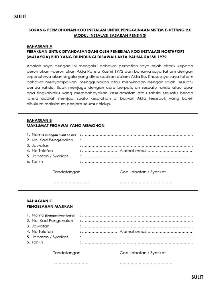 Borang Akuan Permohonan Kod Instalasi Untuk Penggunaan Sistem e | PDF