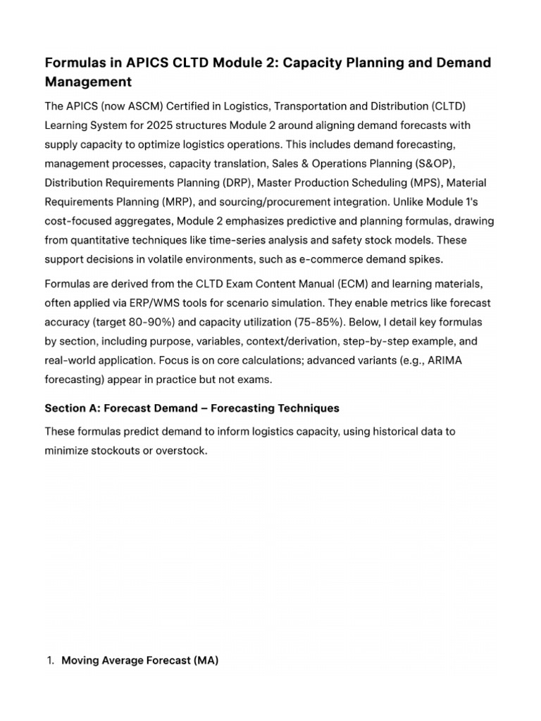 Formulas in APICS CLTD Module 2 Capacity Planning and Demand Management ...
