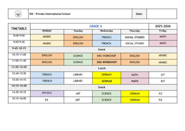 Grade 6 Timetable 2025-2026 | PDF