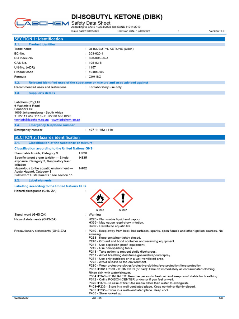 DIBK Safety Data Sheet Overview | PDF | Toxicity | First Aid