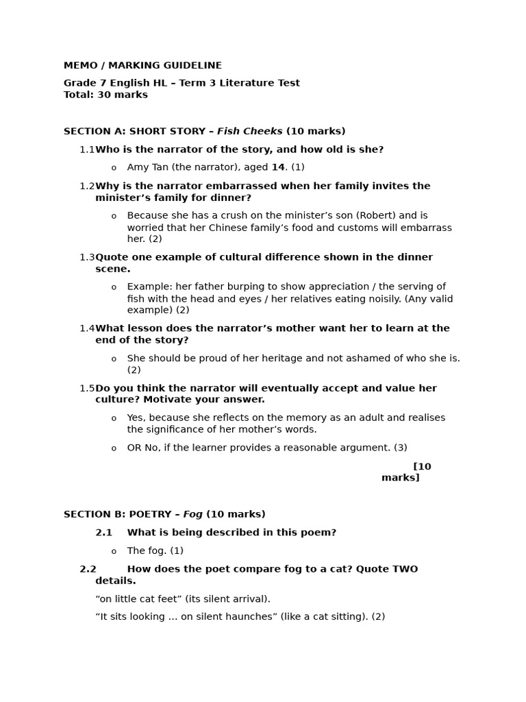 Eng GR 7 Term 3 Test Memo | PDF