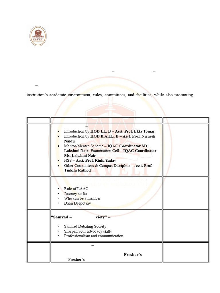 Induction Week Schedule 2025-26 | PDF