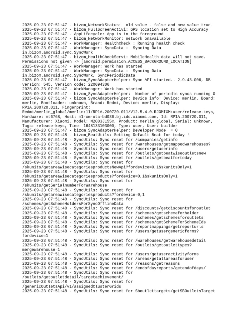 Bizom App Sync and Network Status Logs | PDF | Computer Architecture ...