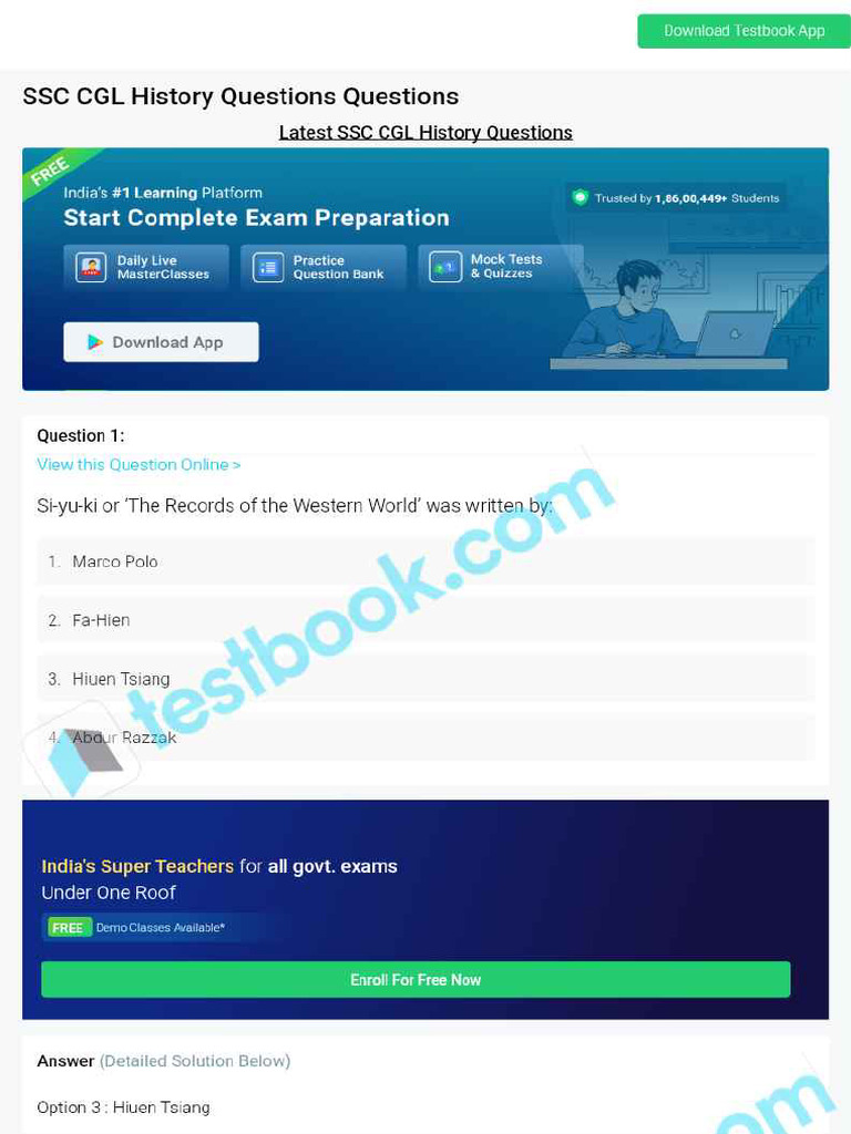 SSC CGL History Questions 637ef24b0249c49c4bbb8b07 | PDF