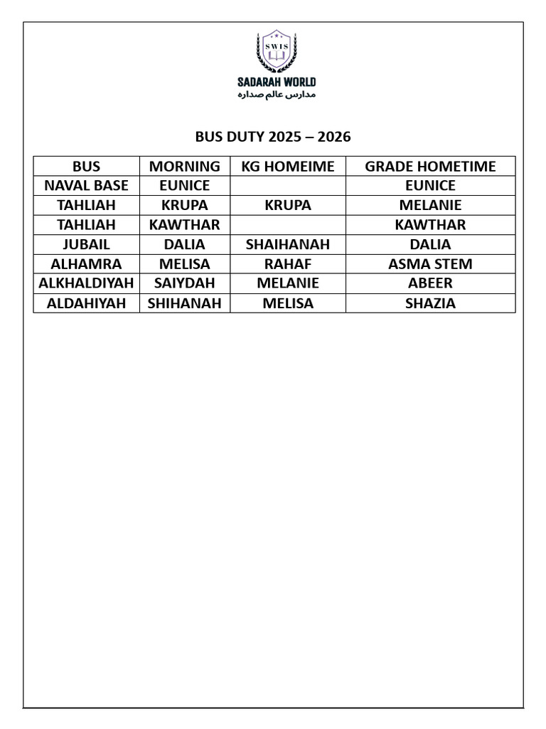 Bus Duty Schedule 2025-2026 | PDF