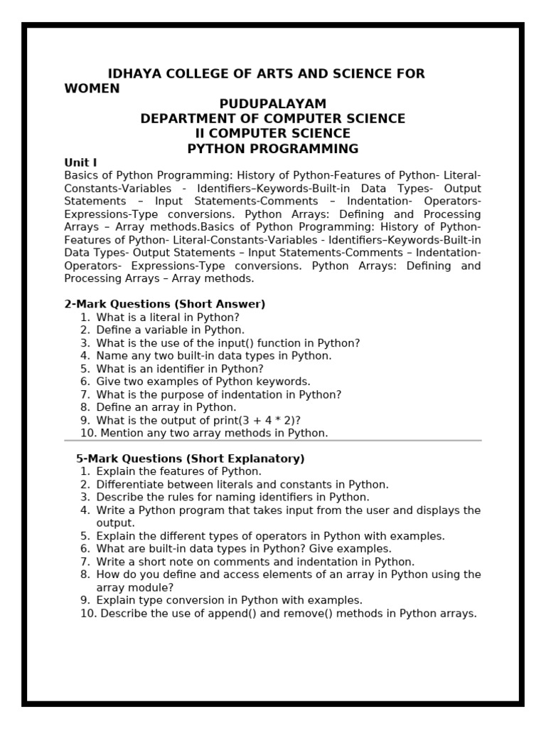2 Mark Question Cs Department | PDF | Method (Computer Programming ...