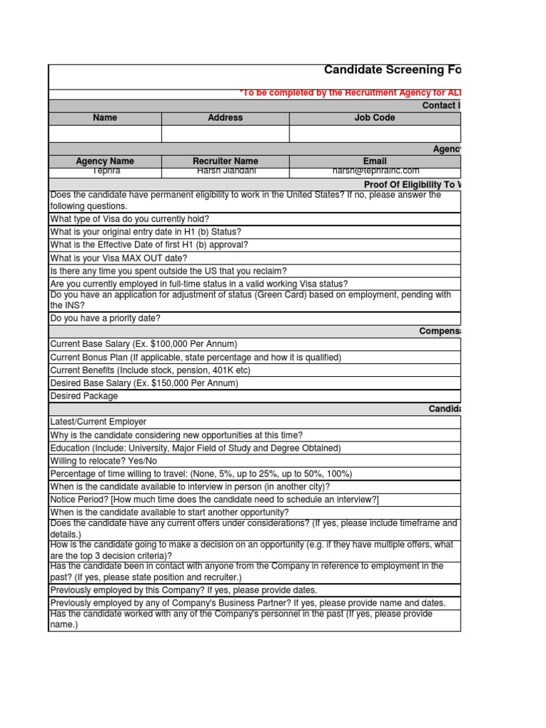 Screening Form PDF Recruitment Employment