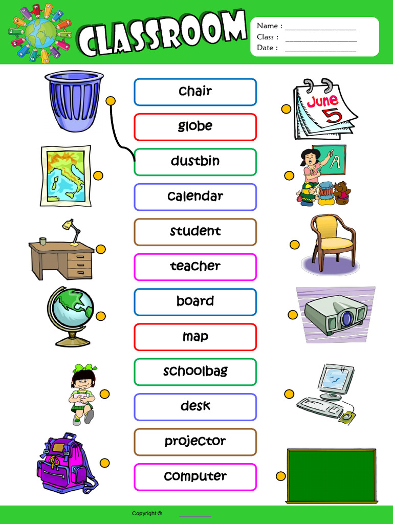 In The Classroom Esl Vocabulary Matching Exercise Worksheet For Kids ...