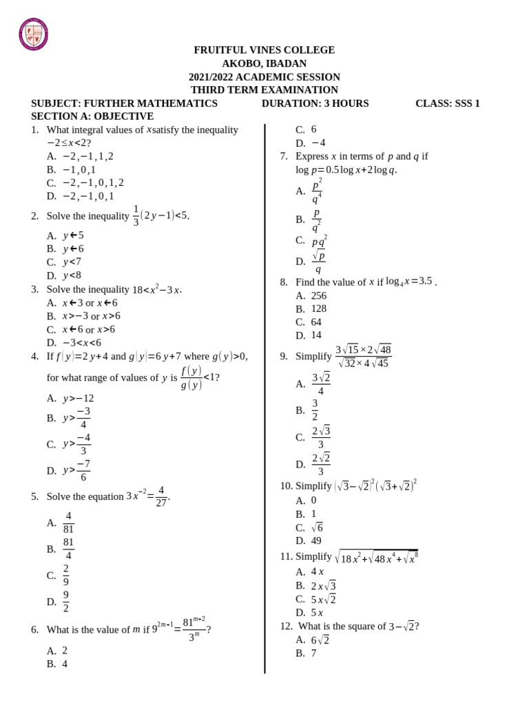 Further Mathematics Sss 1 (3rd Term Examination 2021-2022) | PDF ...