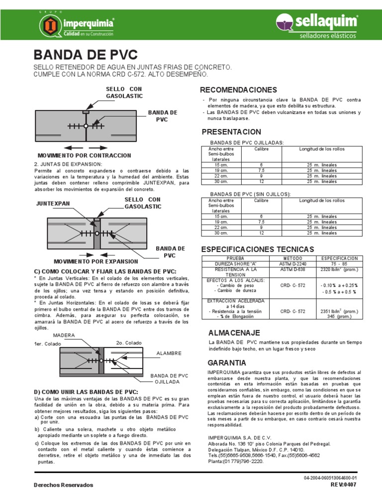 Ficha Tecnica Banda Pvc Materiales de construcción Ingeniería de