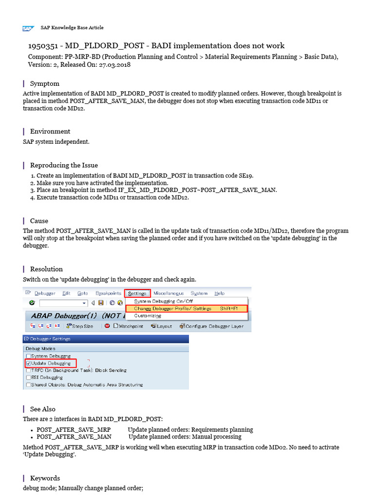 BADI MD_PLDORD_POST Debugging Guide | PDF