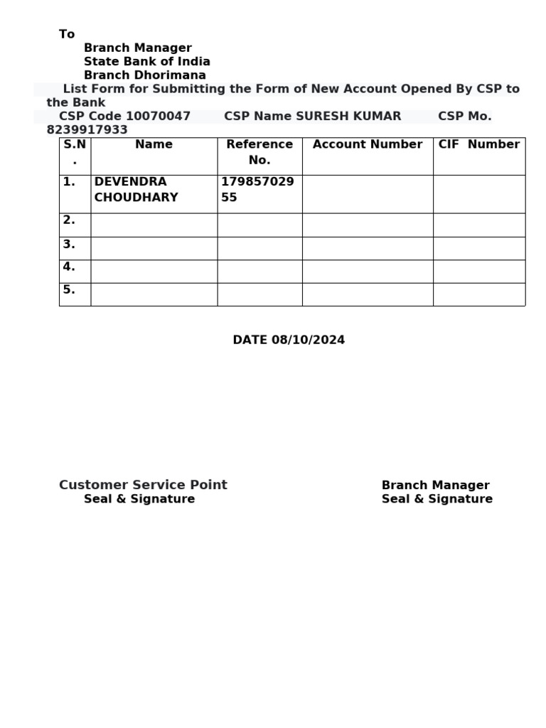 New Account Submission Form for SBI | PDF