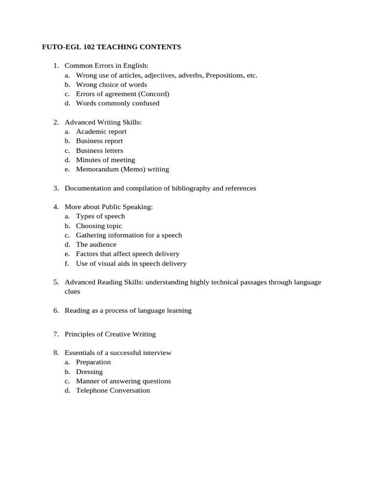 Futo Egl 102 Course Content | PDF
