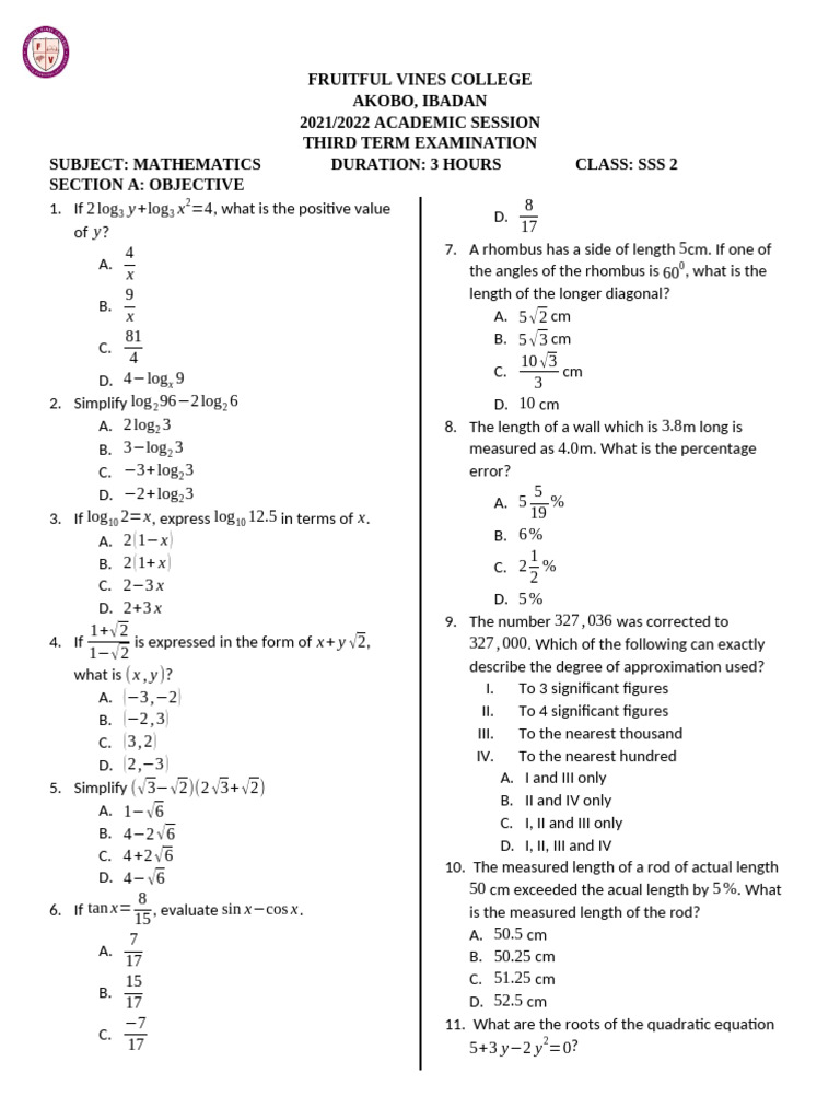 Mathematics Sss 2 (3rd Term Examination 2021-2022) | PDF | Circle ...