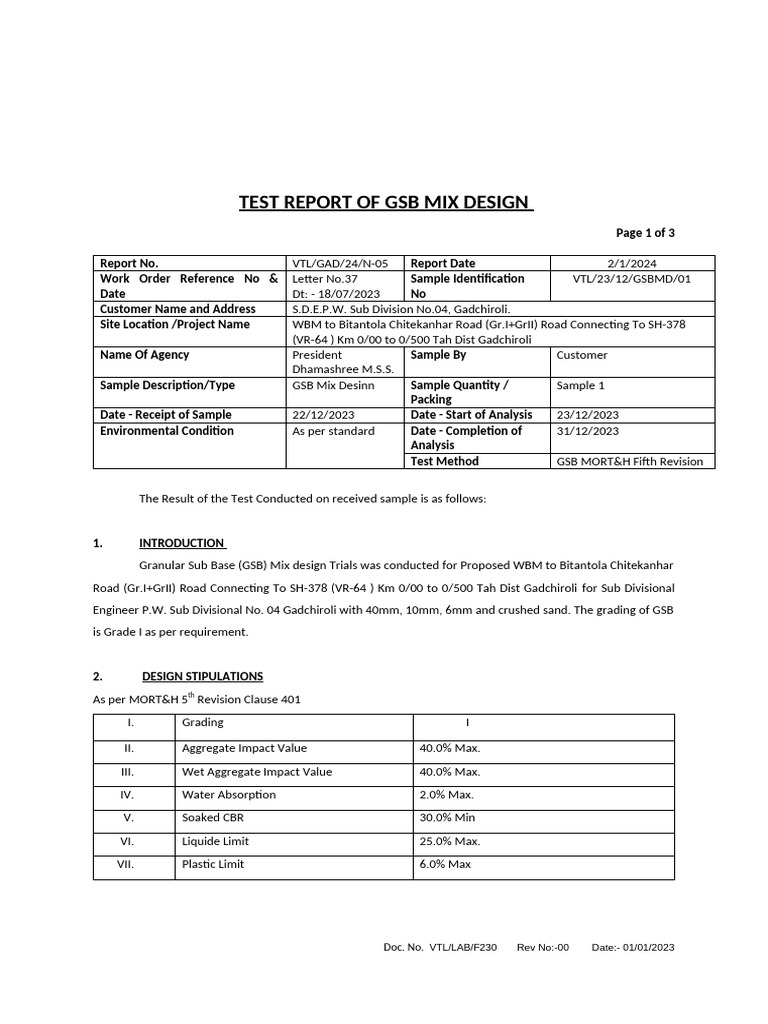 GSB Grade I For Bitantola | PDF