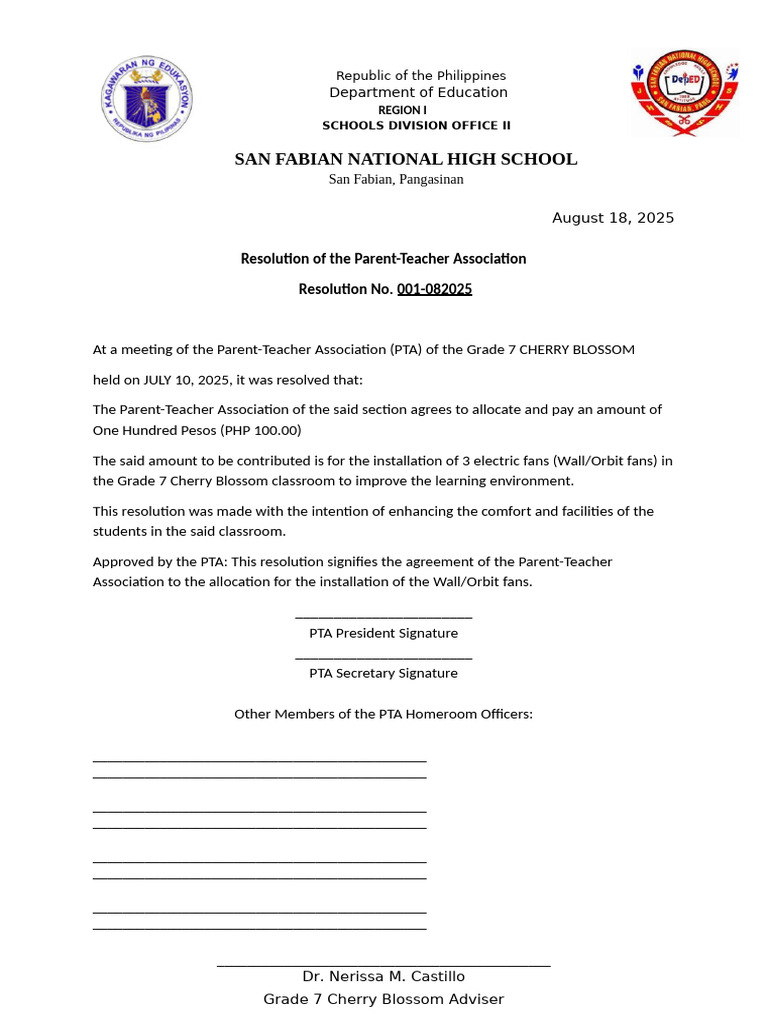 PTA Resolution for Classroom Fans | PDF