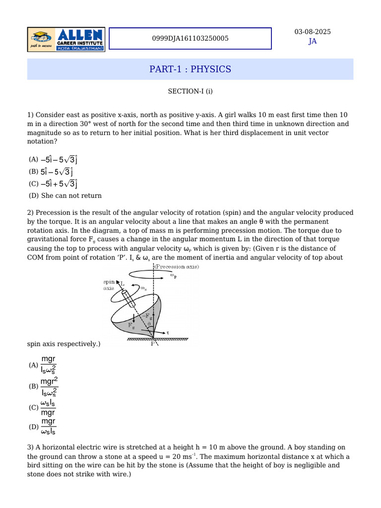 Review Test Paper-02 QP @jeexvault | PDF | Rotation Around A Fixed Axis ...