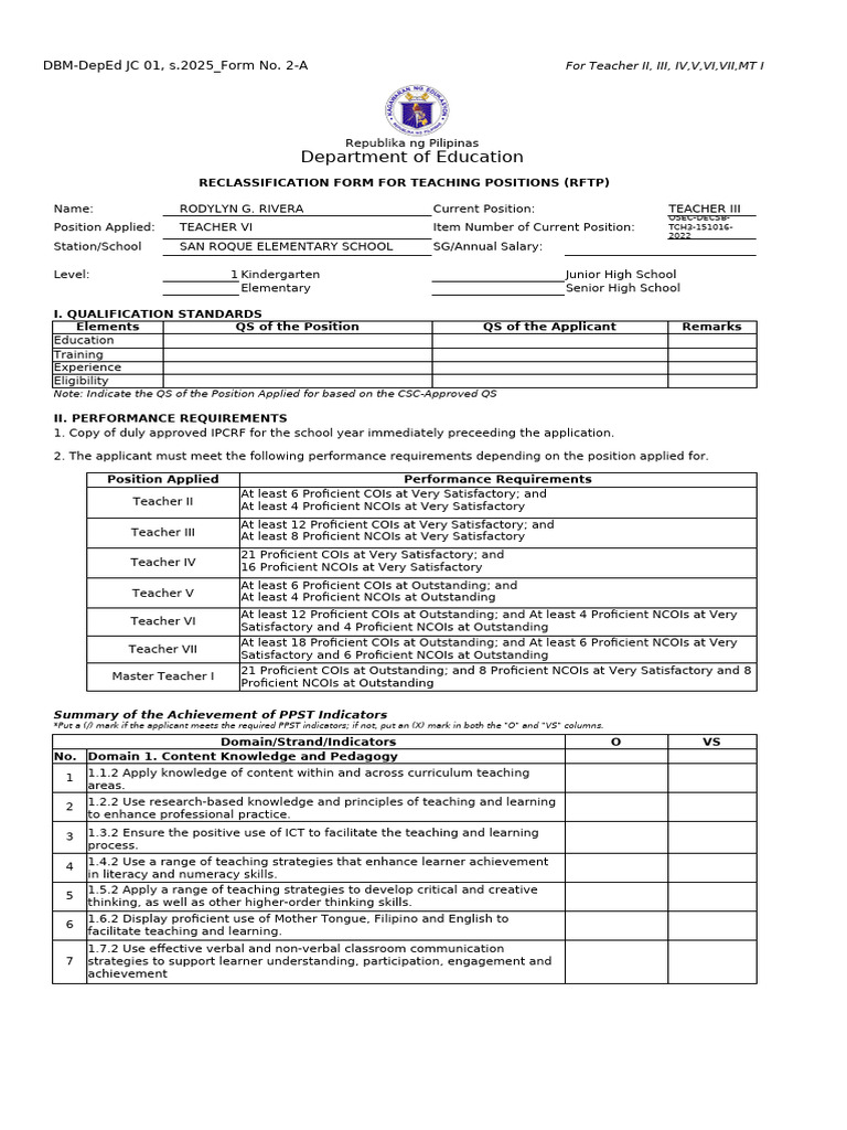Teacher Position Reclassification Form | PDF | Learning | Educational ...